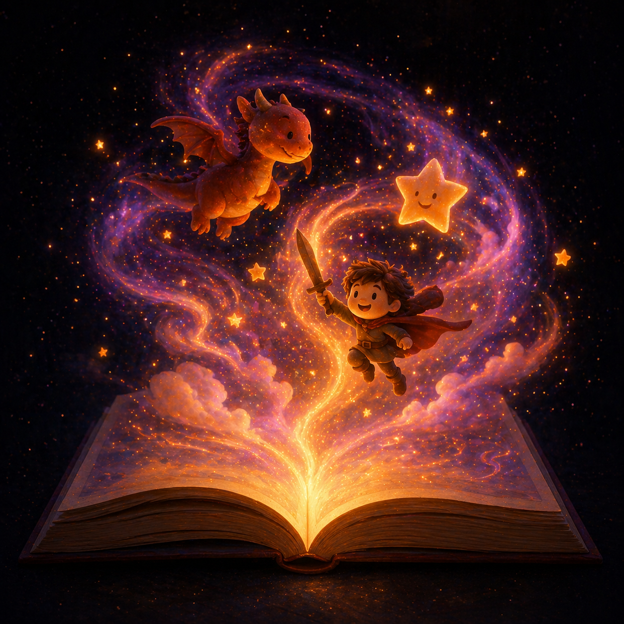 Magical open book with characters flying out