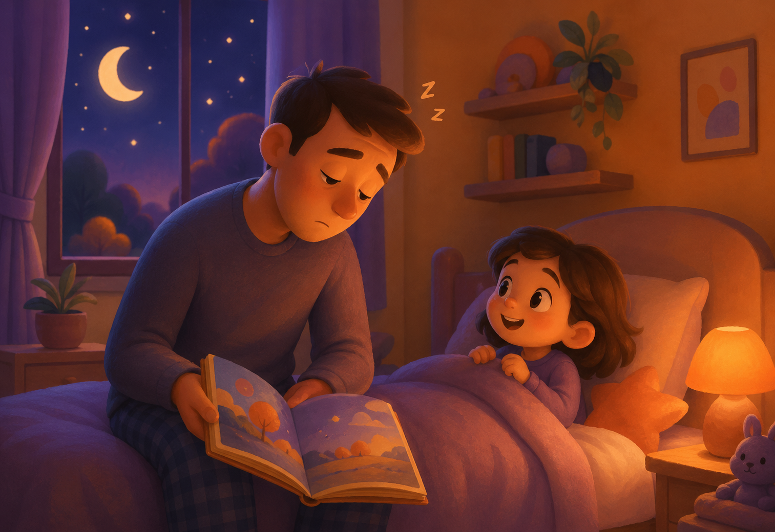 Father reading bedtime story to wide-awake child