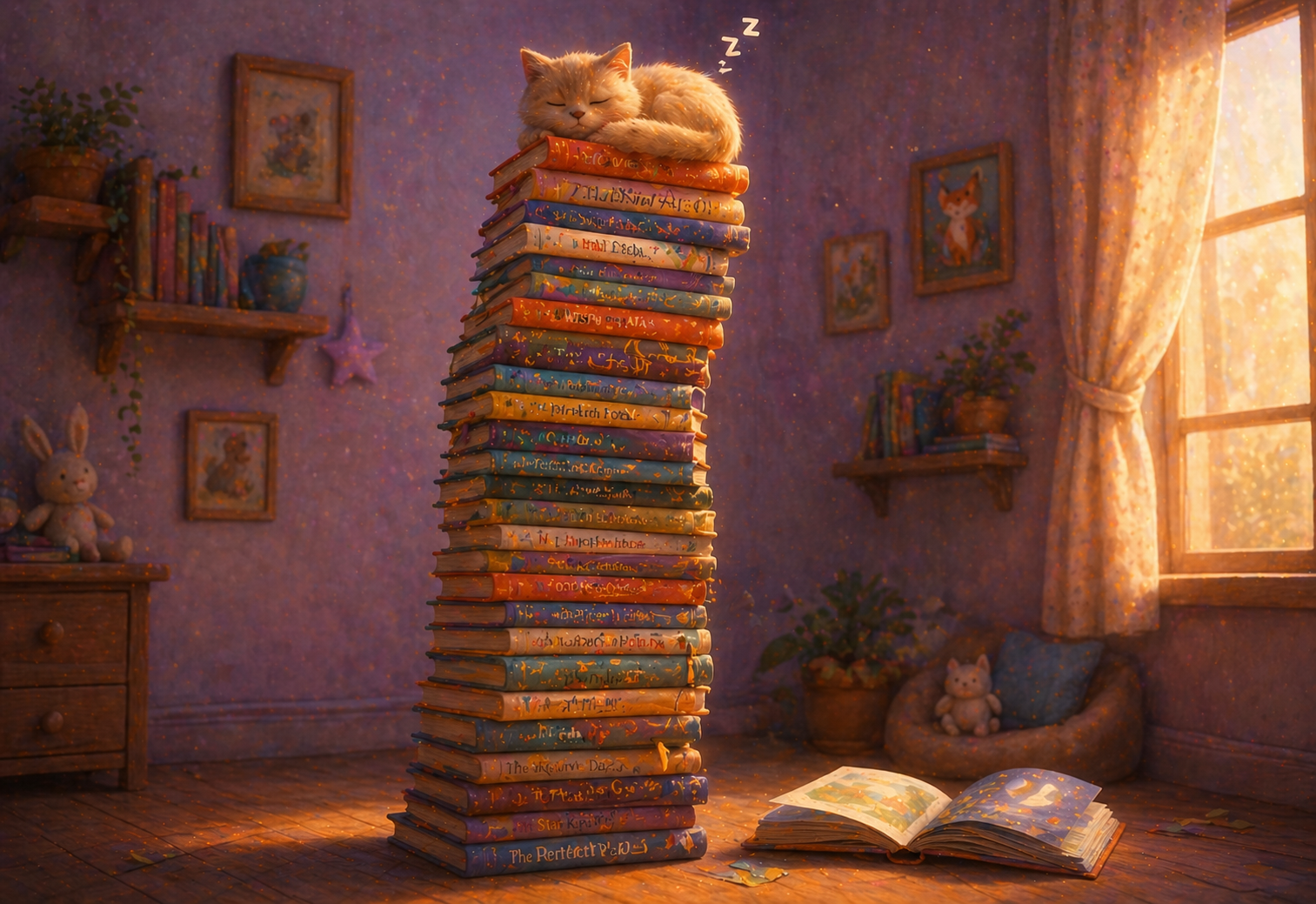 Tower of colorful books with sleeping cat on top