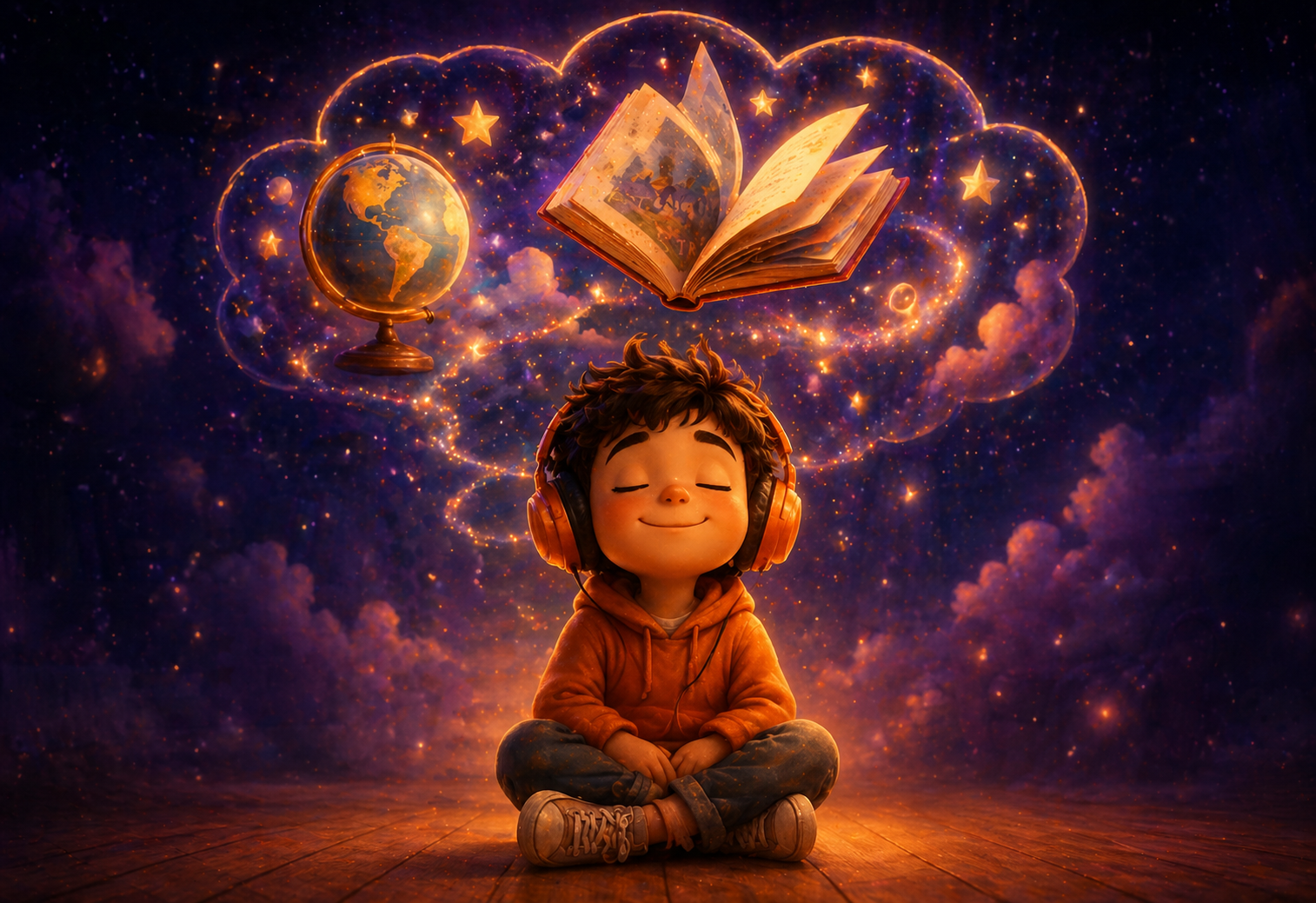 Child with headphones dreaming of books and globe